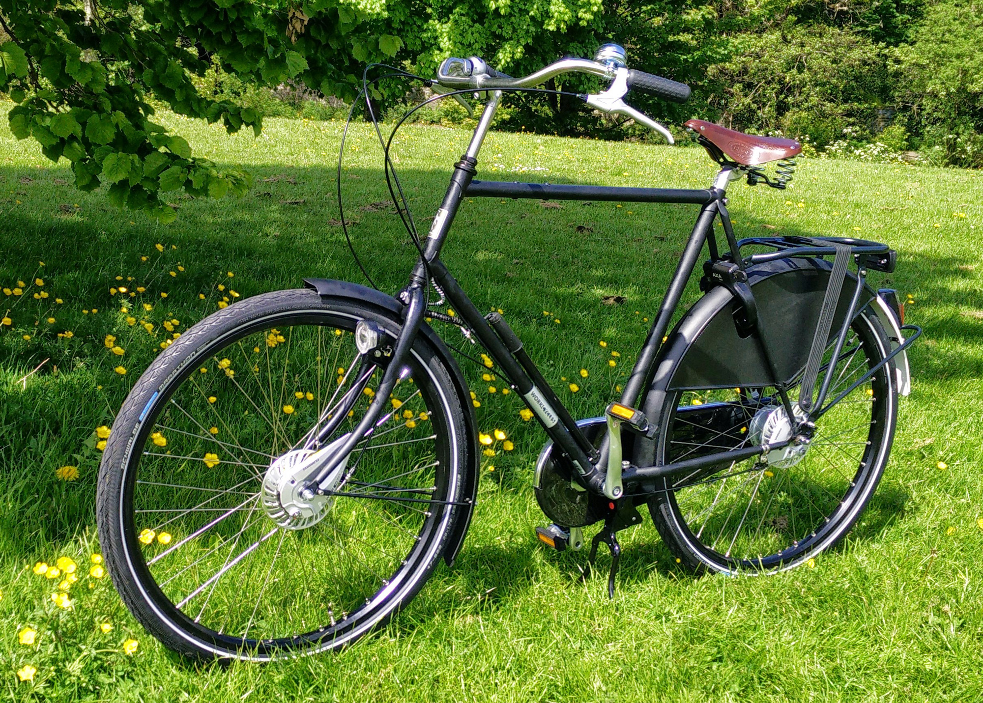 Black bicycle parked in a grassy field
