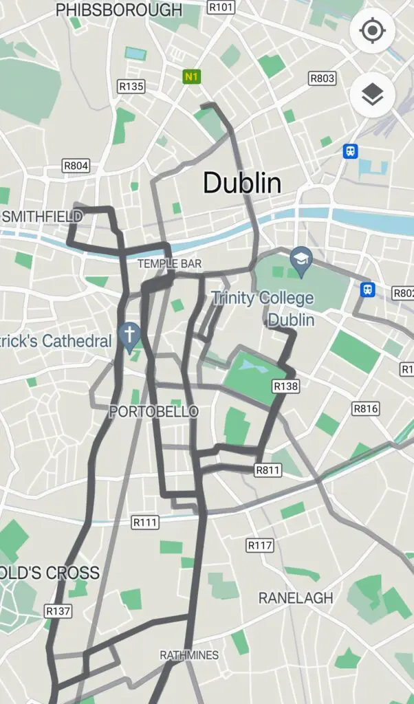 Screenshot of the Beeline app showing a heat map of the routes that I have taken through south Dublin city