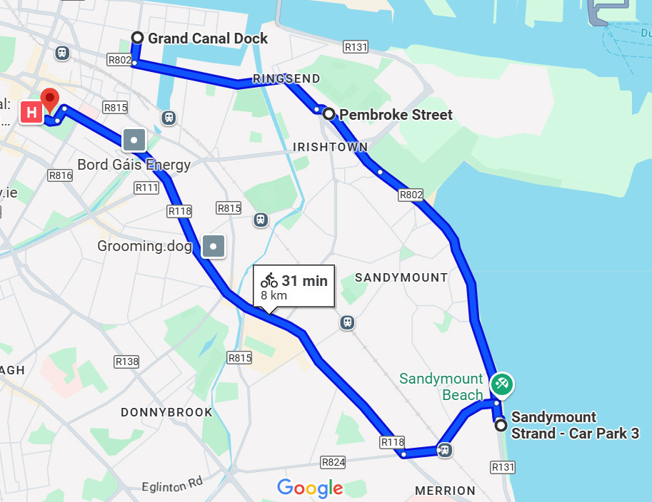 Google map showing route through Dublin