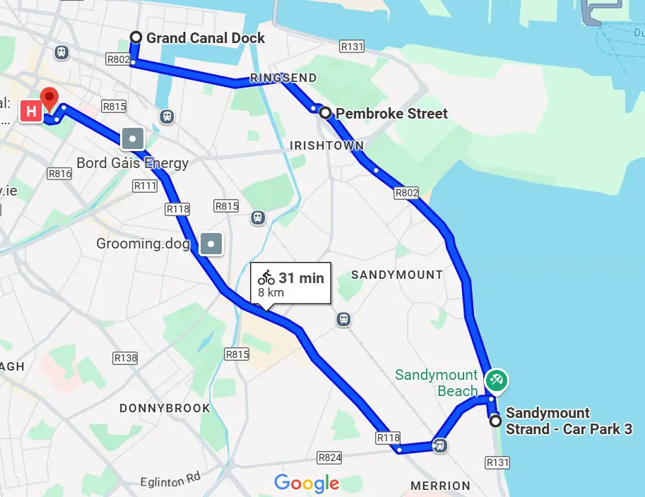 Google map showing route through Dublin